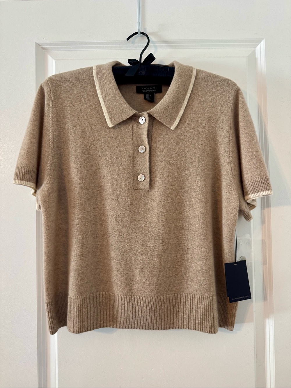 Tahari Short Sleeve Cashmere Sweater in Beige with Cream Trim